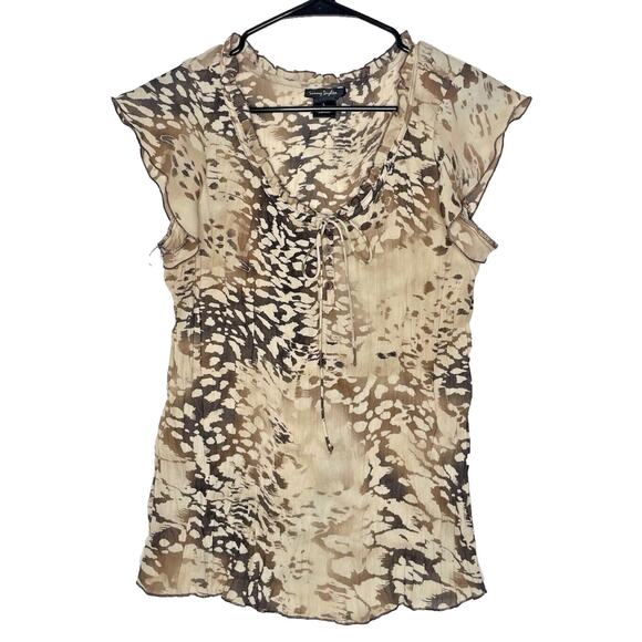 Y2K Sheer Blouse L Brown Beige Animal‎ Print Ruffle Boho Indie Fairy Bratz - Picture 1 of 7